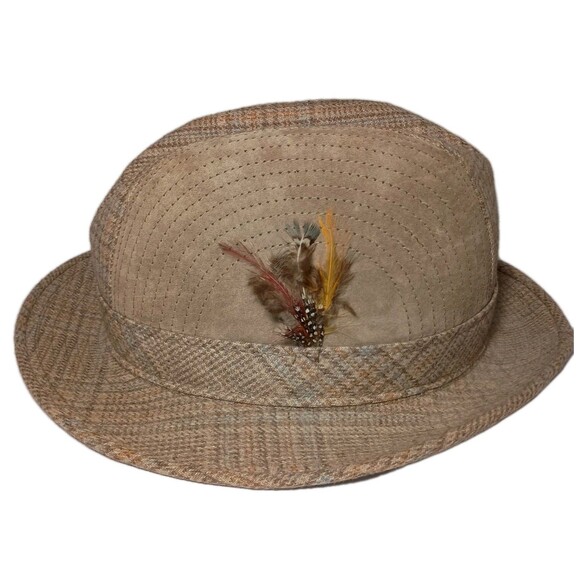 Vintage Hatquarters USA By Henschel Wool Fedora Hat Gray Tweed w/ Feather Sz XL - Picture 1 of 16